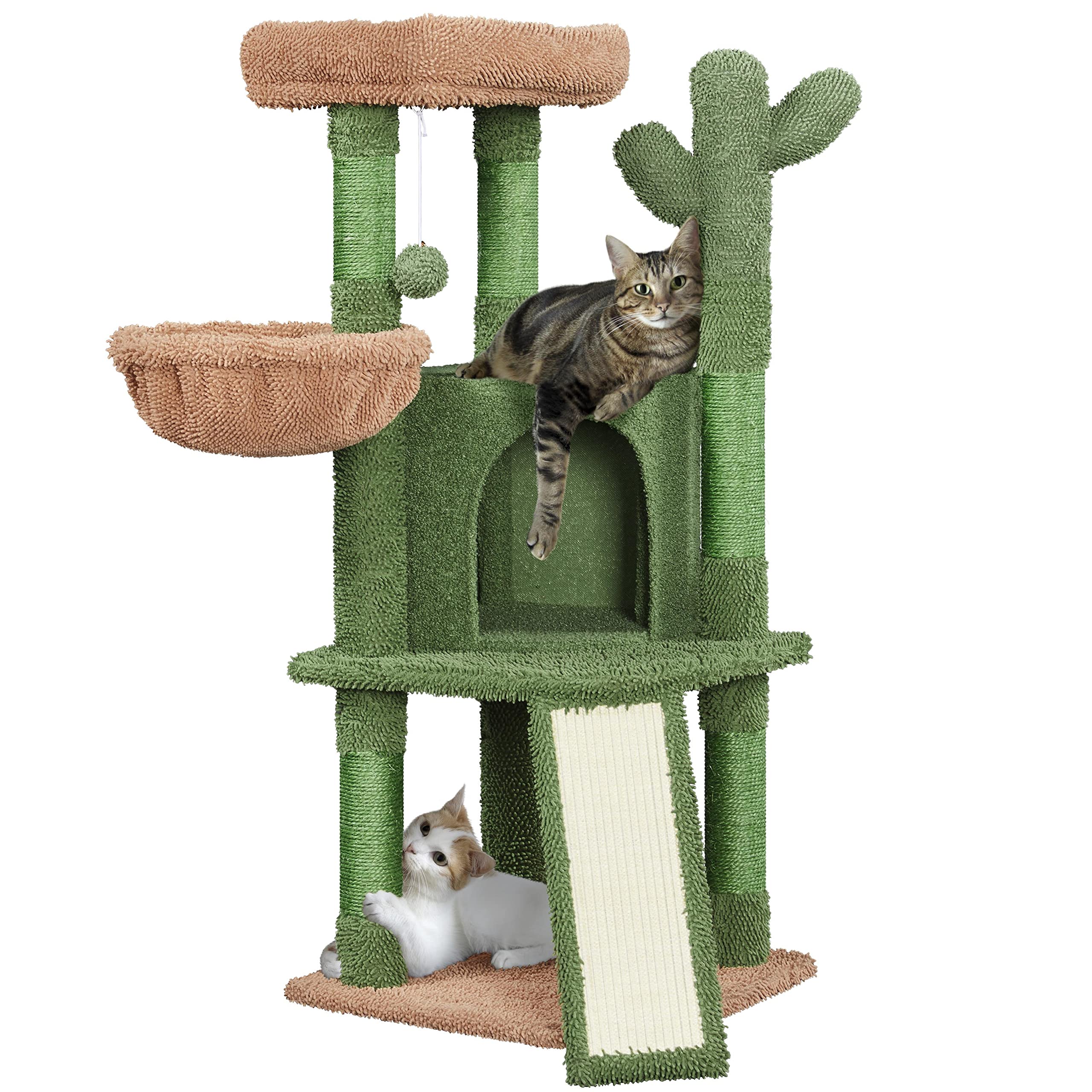 42-Inch Tall Cactus Cat Scratching Post - Natural Sisal & Self-Grooming Brush